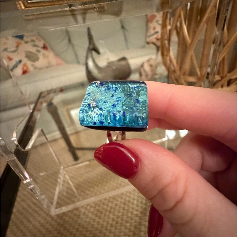 Vintage Sterling Artisan Fused Glass Ring Size. 5 1/2